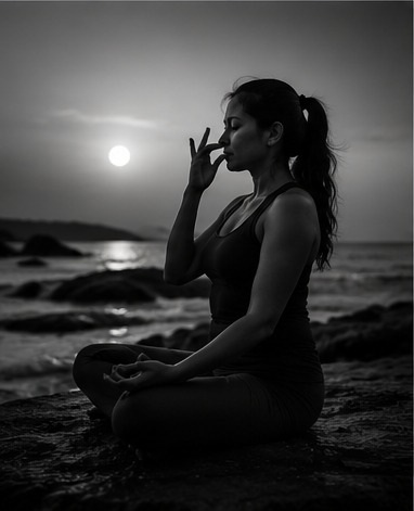 A woman practising alternate nostril breathing, her hand raised to her face.