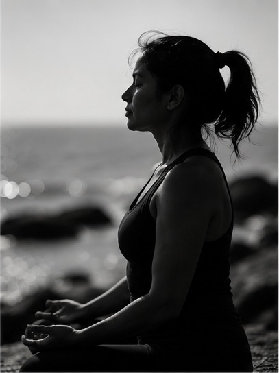 A woman seated in stillness, seen in profile, her eyes closed.