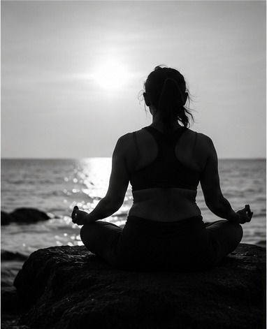 A woman seated in meditation, seen from behind, facing open water.